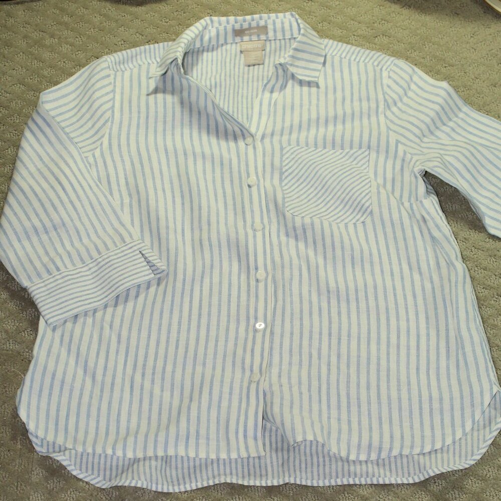 Chico's Button Down Blouse Striped 100% Linen No Iron White Blue Women's O / 4-6